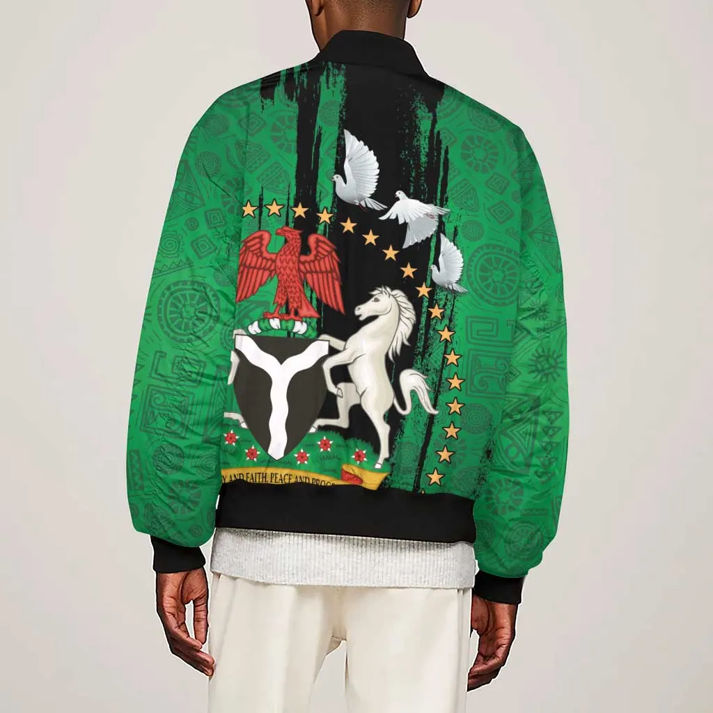 Nigeria Independence Day Sleeve Zip Bomber Jacket - National Seal with Peace Dove - African Pattern LT03
