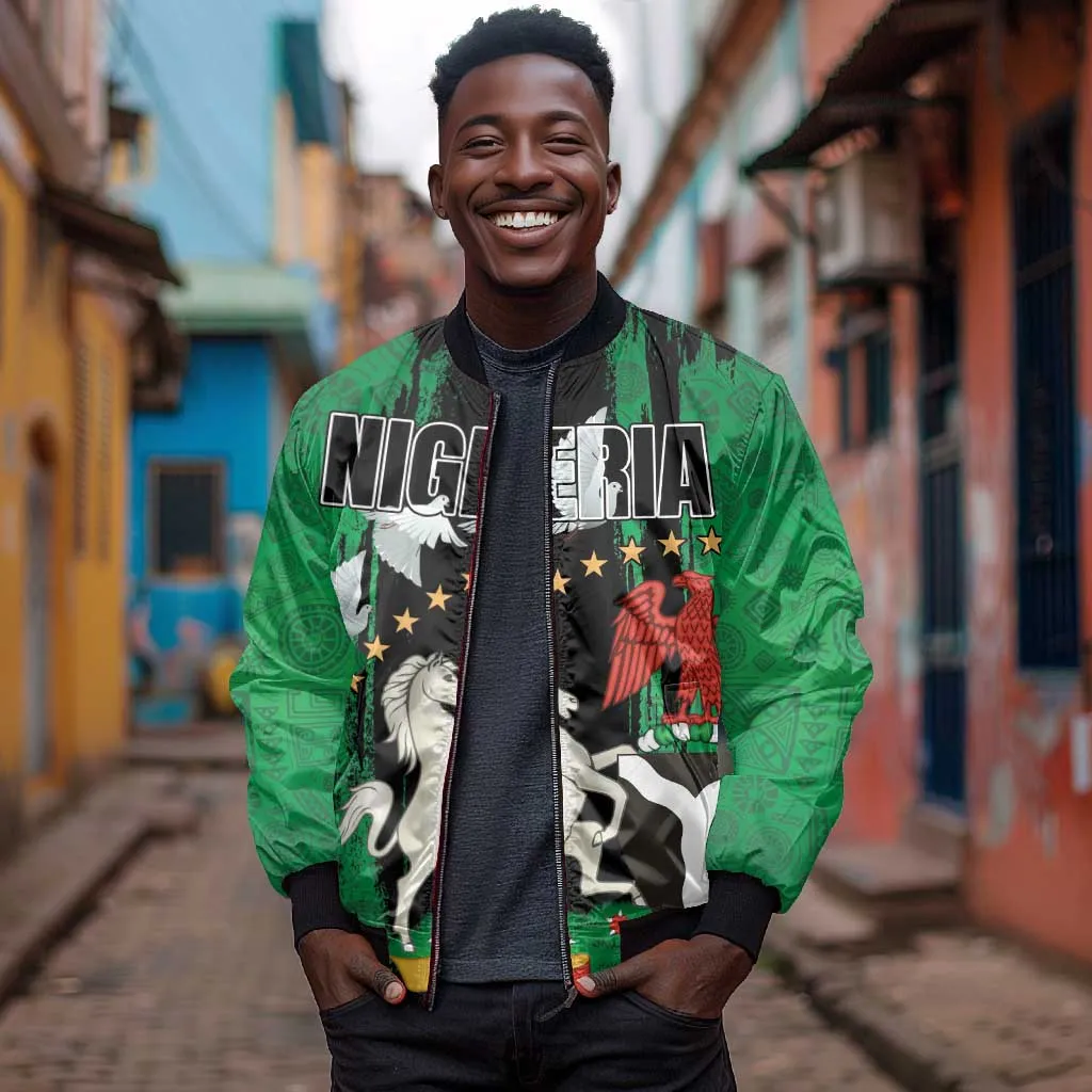 Nigeria Independence Day Sleeve Zip Bomber Jacket - National Seal with Peace Dove - African Pattern LT03