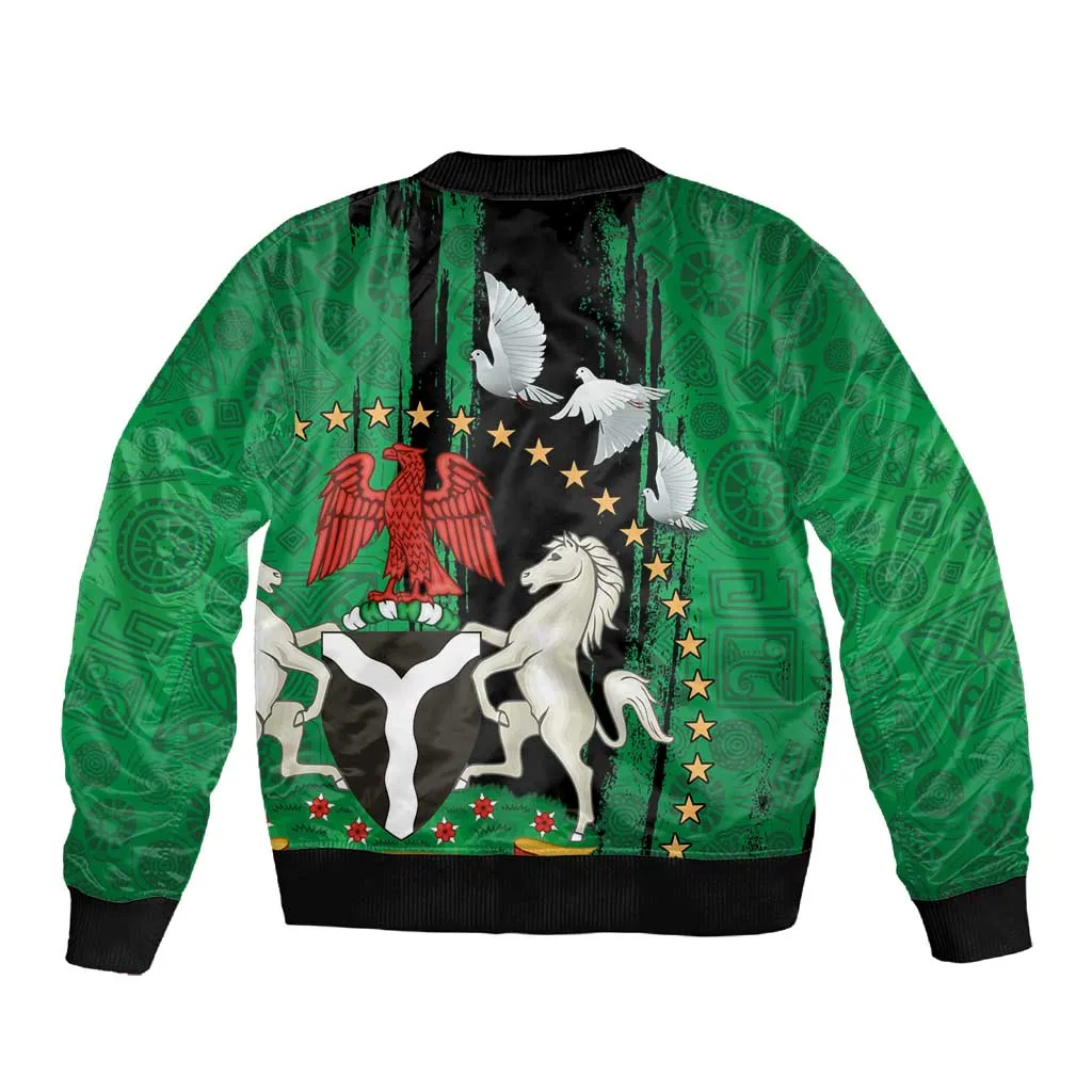 Nigeria Independence Day Sleeve Zip Bomber Jacket - National Seal with Peace Dove - African Pattern LT03