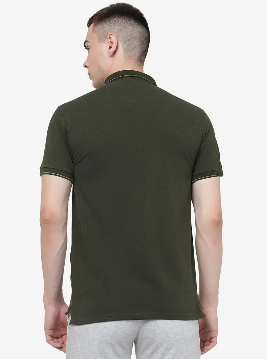 Olive Green Solid Slim Fit Polo T-Shirt | JadeBlue