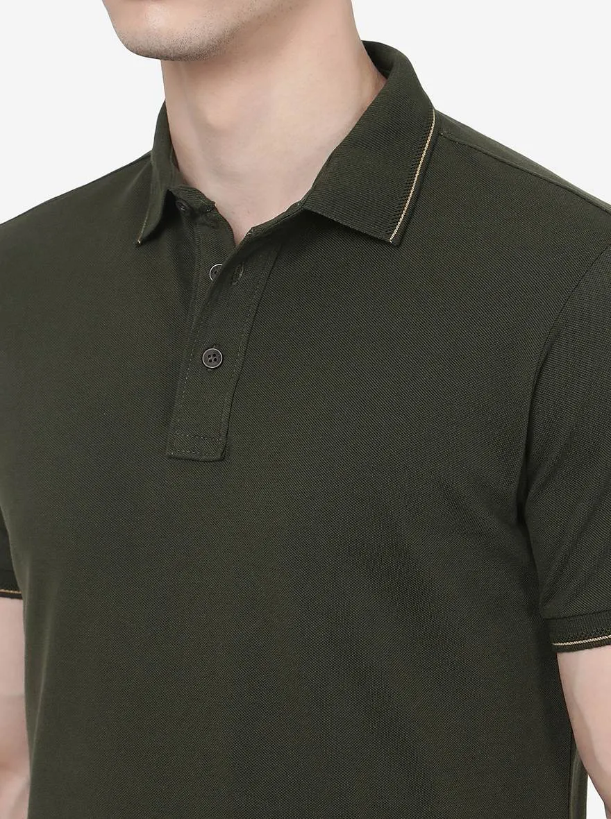 Olive Green Solid Slim Fit Polo T-Shirt | JadeBlue