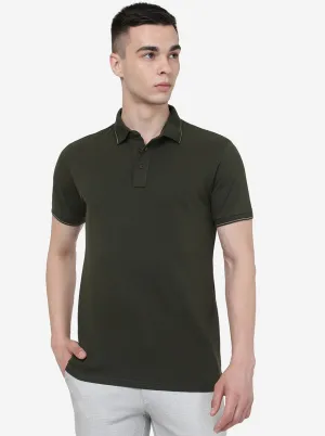 Olive Green Solid Slim Fit Polo T-Shirt | JadeBlue