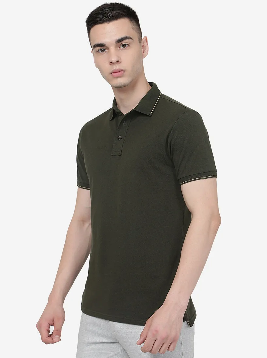 Olive Green Solid Slim Fit Polo T-Shirt | JadeBlue