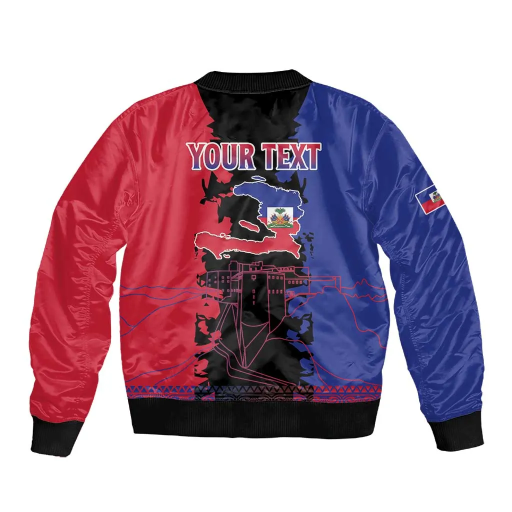 Personalised Haitian Heritage Month Sleeve Zip Bomber Jacket Coat Of Arms With Dashiki Pattern LT15