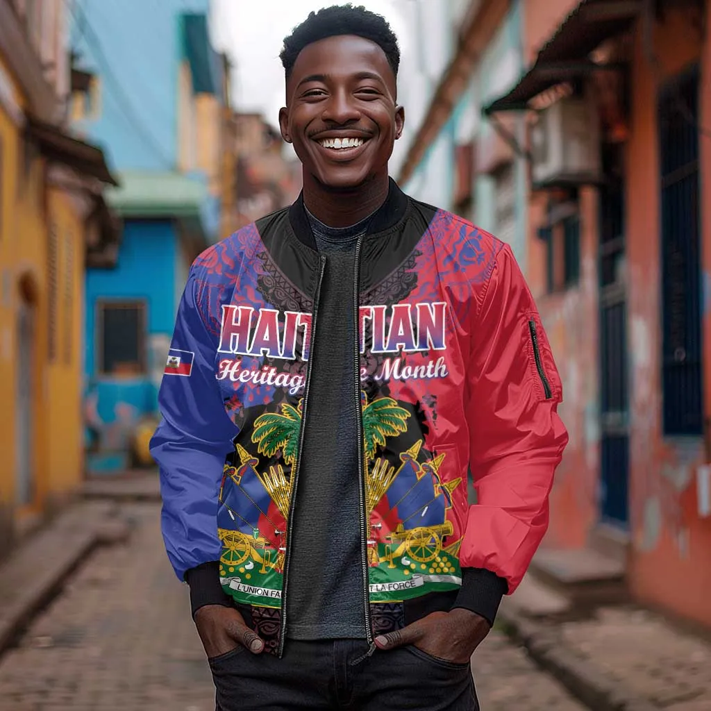 Personalised Haitian Heritage Month Sleeve Zip Bomber Jacket Coat Of Arms With Dashiki Pattern LT15