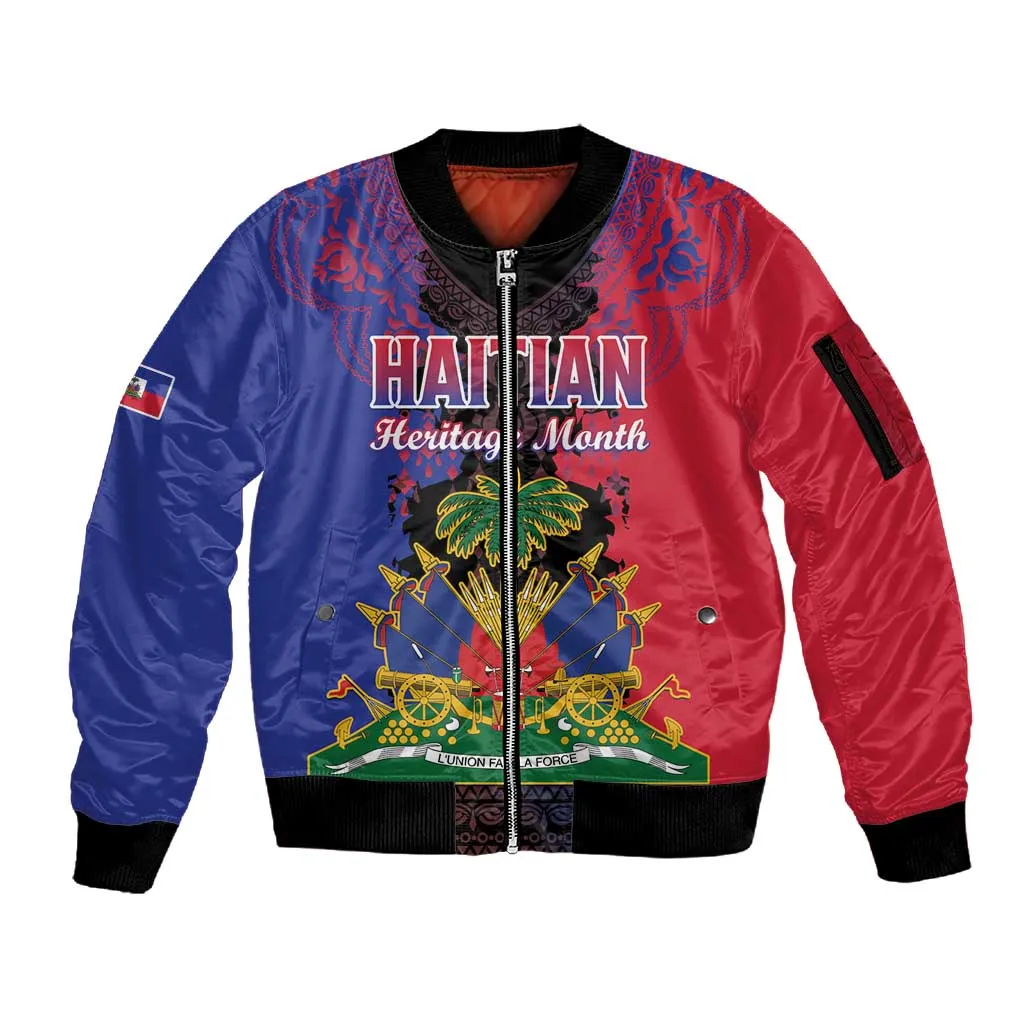 Personalised Haitian Heritage Month Sleeve Zip Bomber Jacket Coat Of Arms With Dashiki Pattern LT15