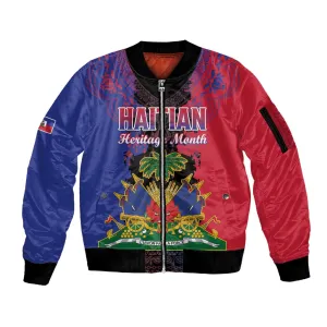 Personalised Haitian Heritage Month Sleeve Zip Bomber Jacket Coat Of Arms With Dashiki Pattern LT15