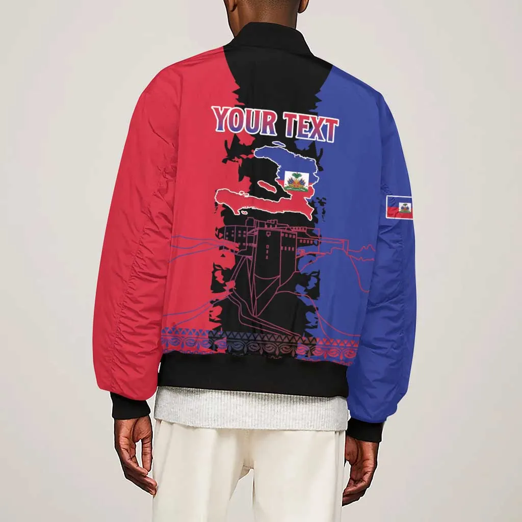 Personalised Haitian Heritage Month Sleeve Zip Bomber Jacket Coat Of Arms With Dashiki Pattern LT15