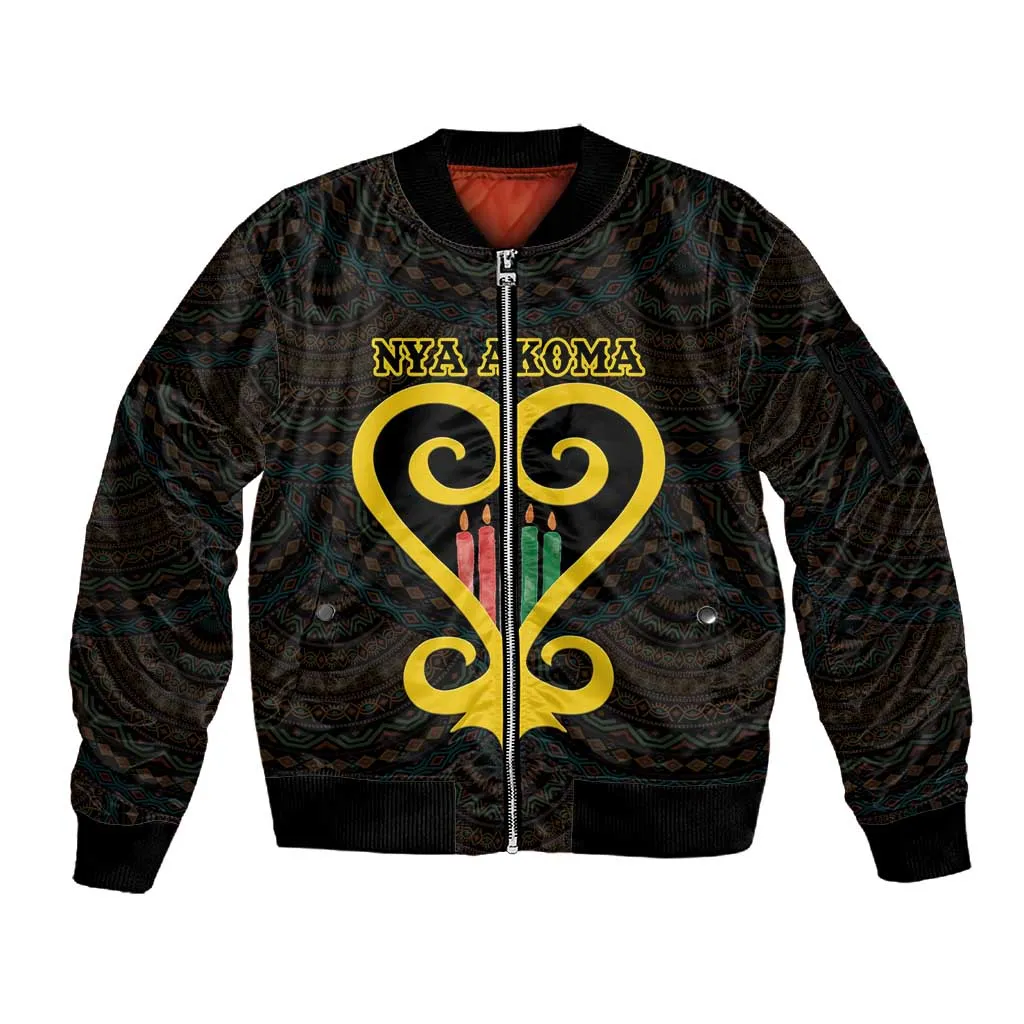 Personalized  African-American Black Love Day Sleeve Zip Bomber Jacket Sankofa Heart - Nya Akoma LT15