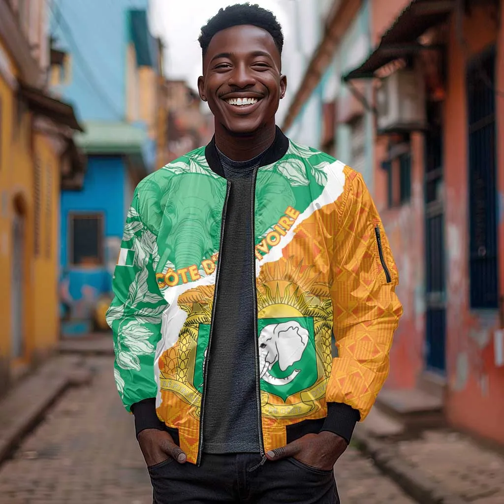 Personalized Afro Ivory Coast Sleeve Zip Bomber Jacket Coat Of Arms With Kente Pattern LT15