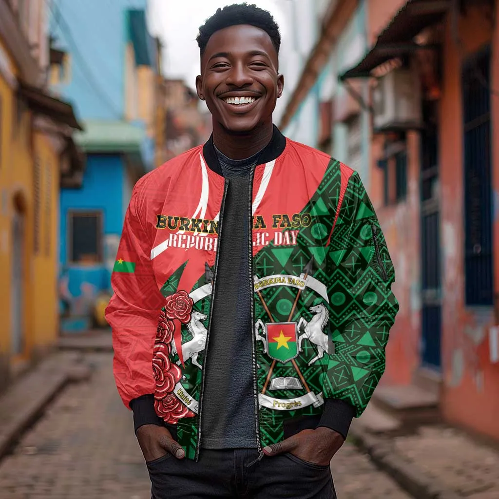 Personalized Burkina Faso Republic Day Sleeve Zip Bomber Jacket Bogolan Mudcloth - Coat Of Arms Design LT14