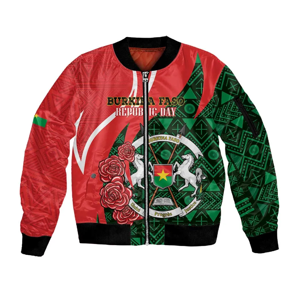 Personalized Burkina Faso Republic Day Sleeve Zip Bomber Jacket Bogolan Mudcloth - Coat Of Arms Design LT14