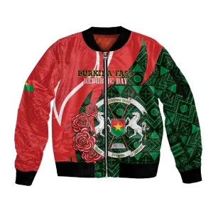 Personalized Burkina Faso Republic Day Sleeve Zip Bomber Jacket Bogolan Mudcloth - Coat Of Arms Design LT14