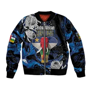Personalized Central African Republic Sleeve Zip Bomber Jacket Elephant With King Protea LT18