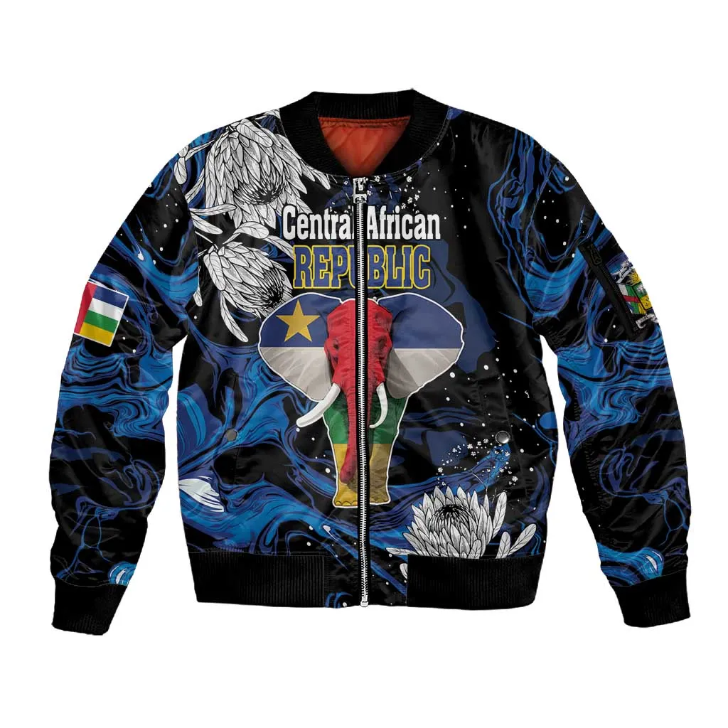 Personalized Central African Republic Sleeve Zip Bomber Jacket Elephant With King Protea LT18