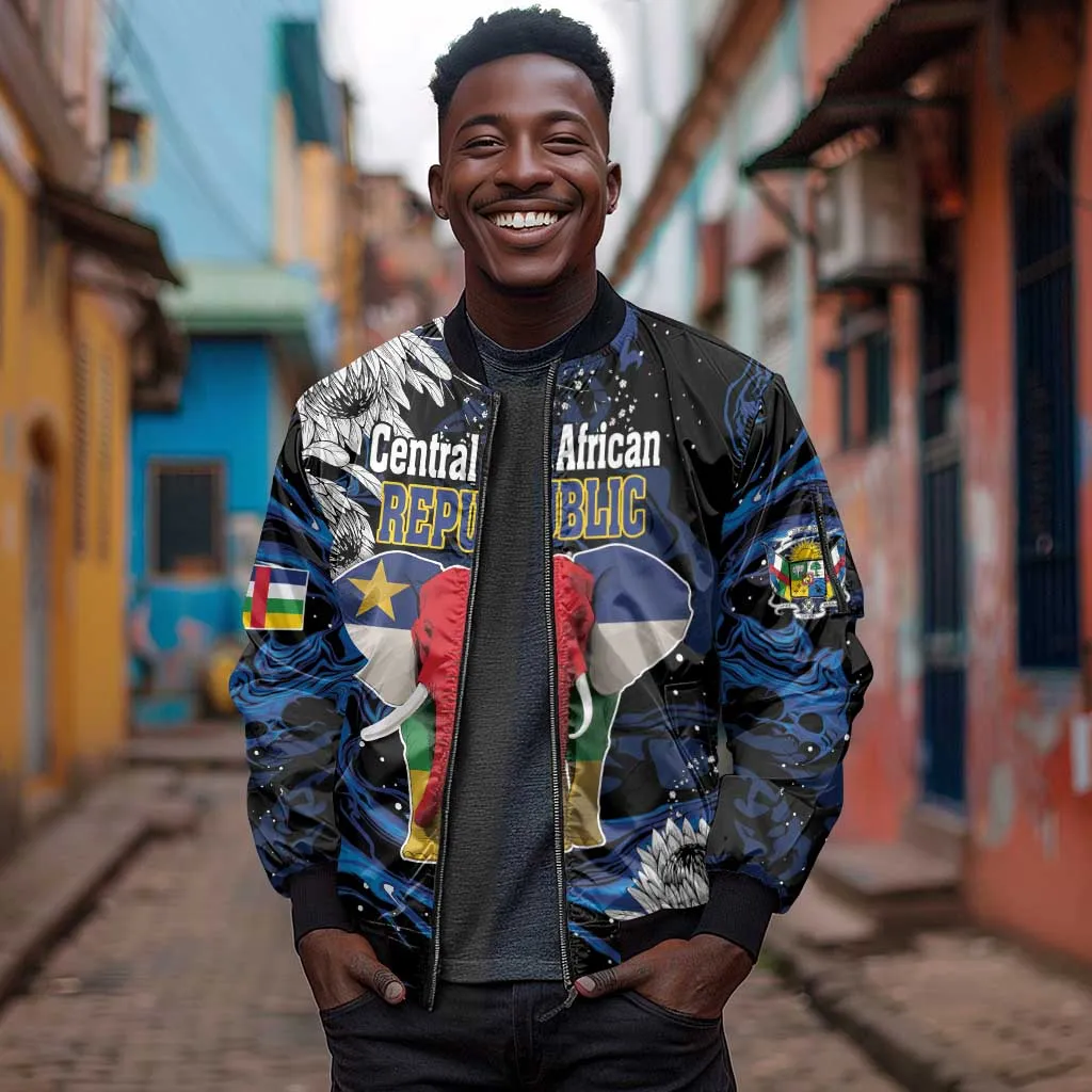 Personalized Central African Republic Sleeve Zip Bomber Jacket Elephant With King Protea LT18