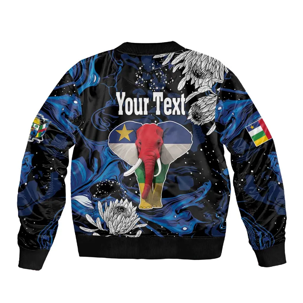 Personalized Central African Republic Sleeve Zip Bomber Jacket Elephant With King Protea LT18