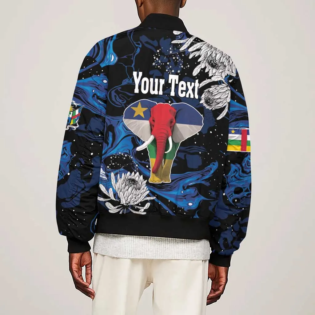 Personalized Central African Republic Sleeve Zip Bomber Jacket Elephant With King Protea LT18