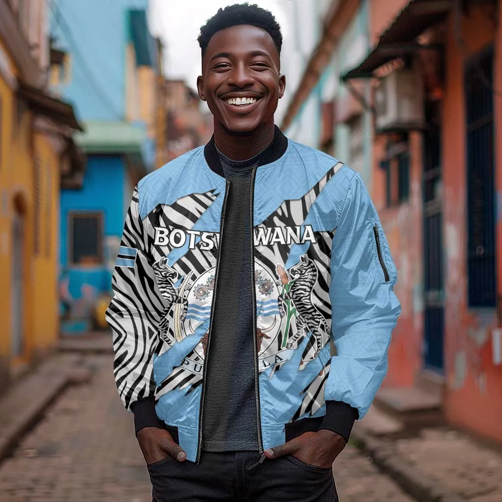 Personalized Lefatshe la Botswana Sleeve Zip Bomber Jacket Coat Of Arms - African and Zebra Patterns LT15