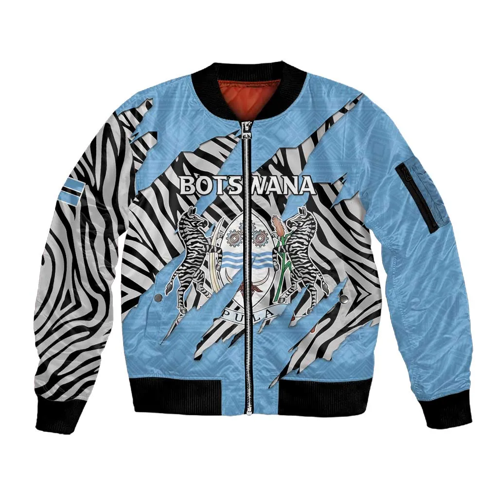 Personalized Lefatshe la Botswana Sleeve Zip Bomber Jacket Coat Of Arms - African and Zebra Patterns LT15