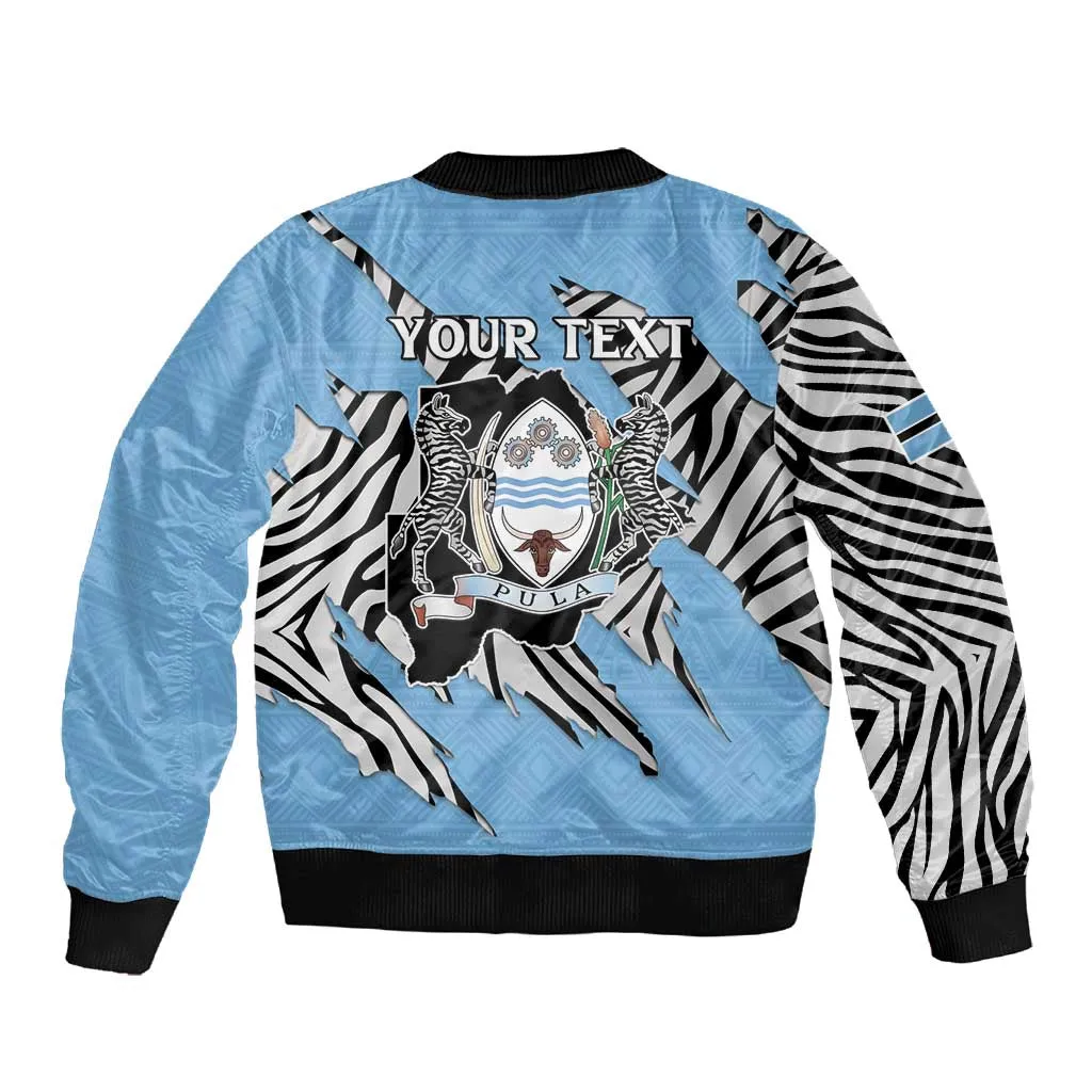 Personalized Lefatshe la Botswana Sleeve Zip Bomber Jacket Coat Of Arms - African and Zebra Patterns LT15
