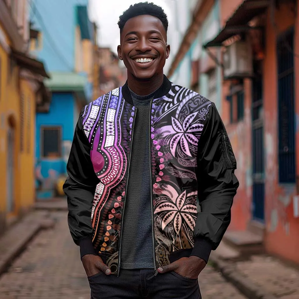 Polynesia Mixed African Dashiki Sleeve Zip Bomber Jacket Afro-pacific Culture - Pastel LT9