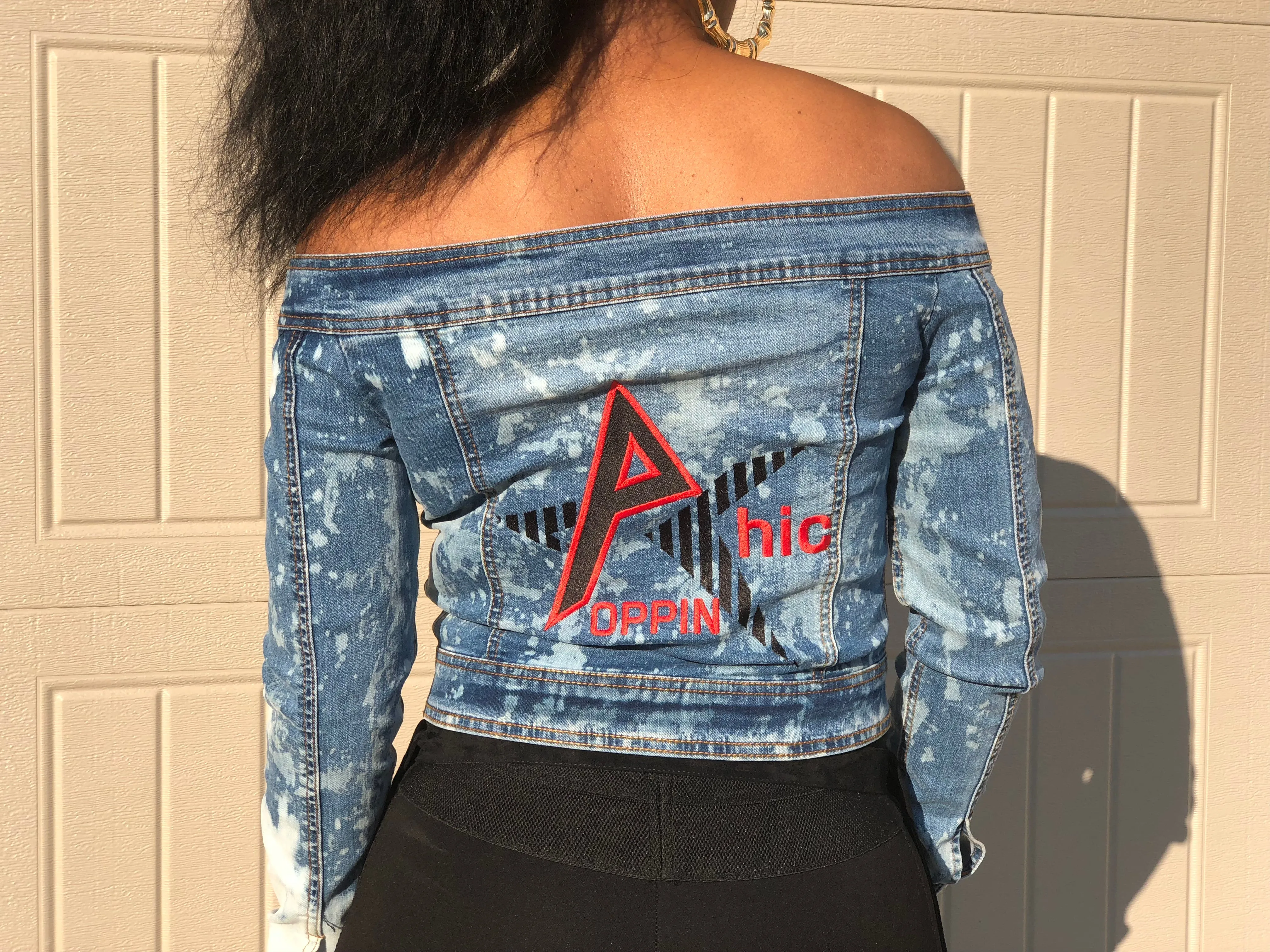 POPPIN Distressed off the Shoulder Blue Jean Jacket