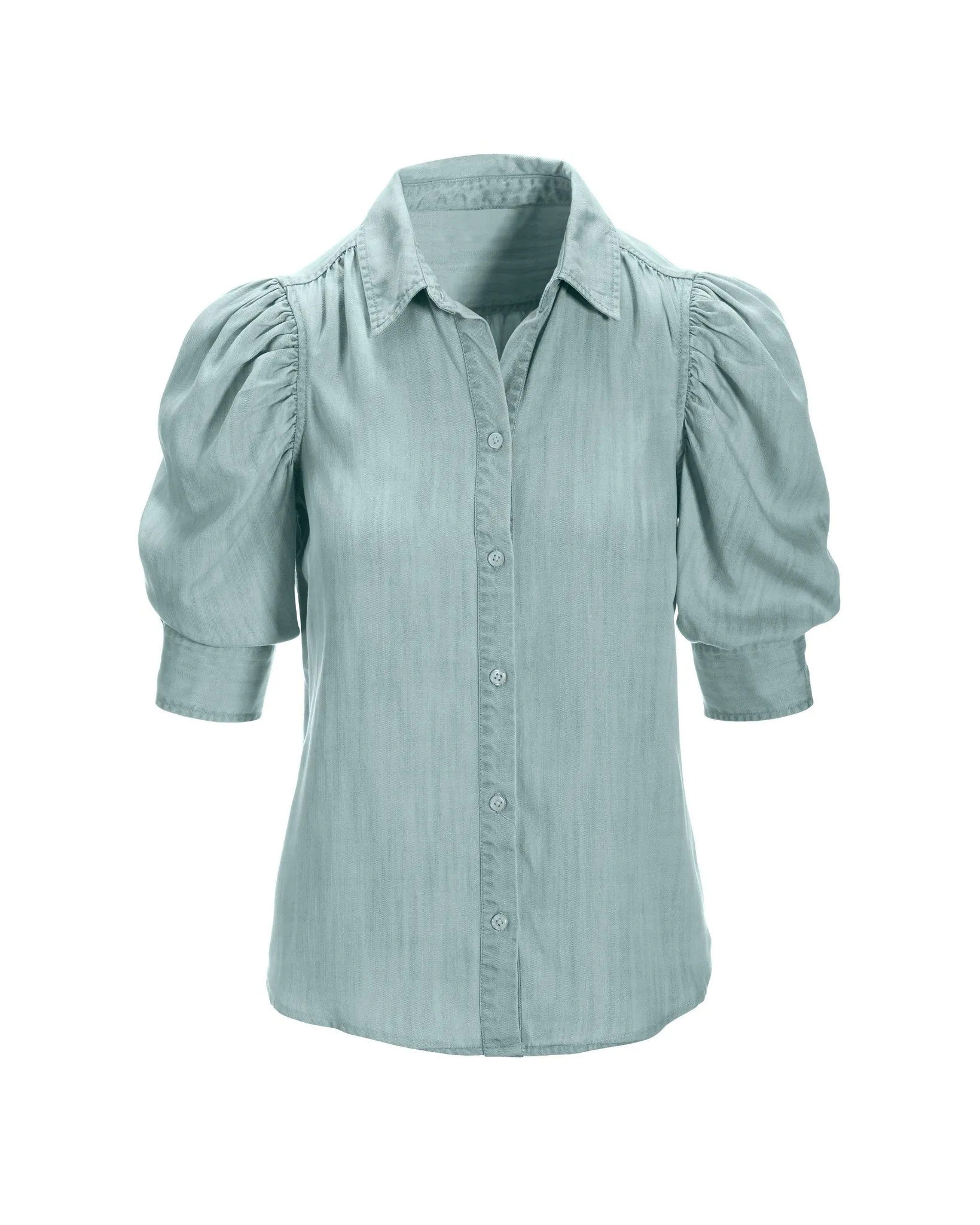 Puff-Sleeve Tencel Button-Up Shirt Light Wash