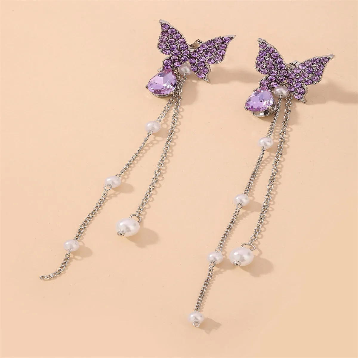 Purple Cubic Zirconia & Pearl Butterfly Tassel Ear Jackets