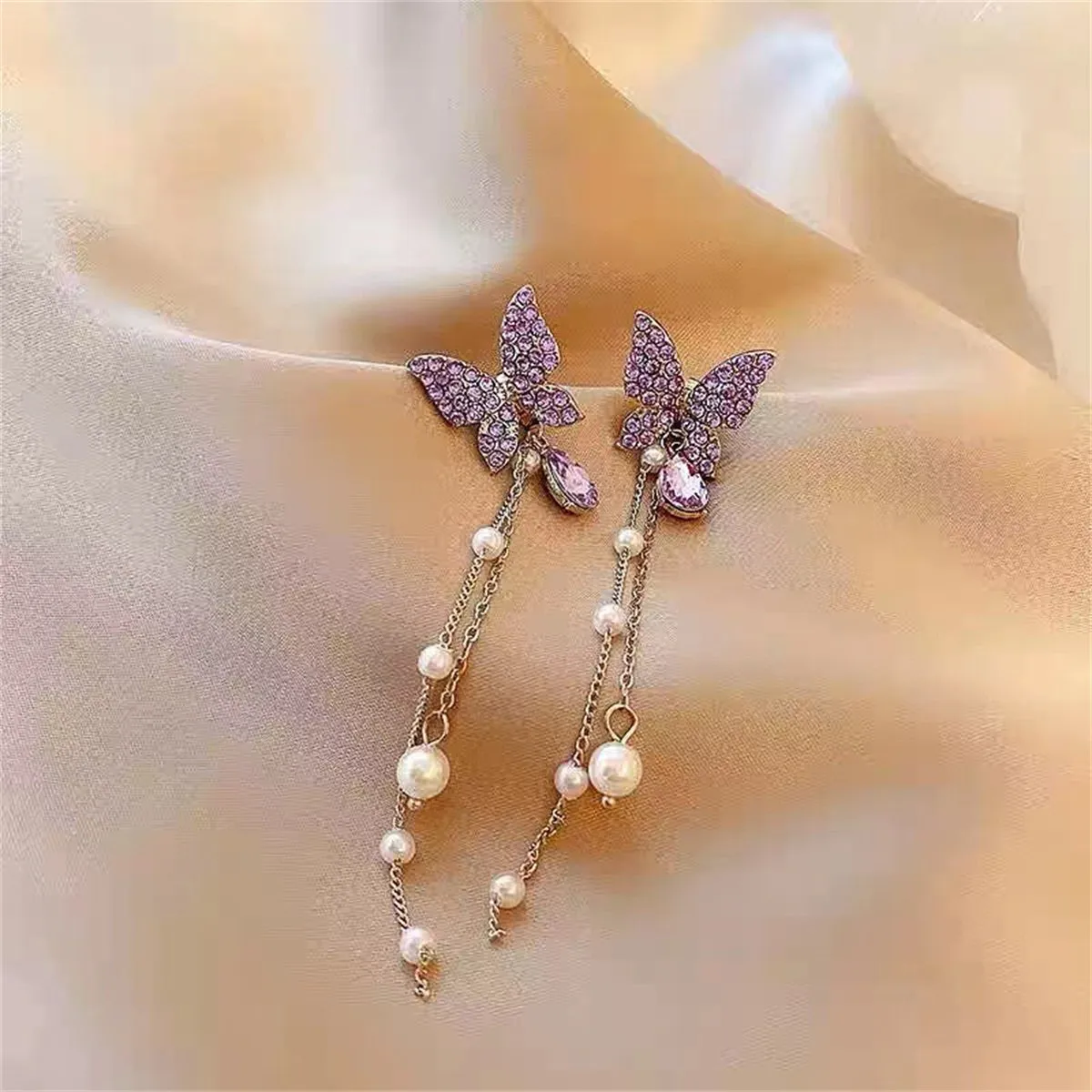 Purple Cubic Zirconia & Pearl Butterfly Tassel Ear Jackets