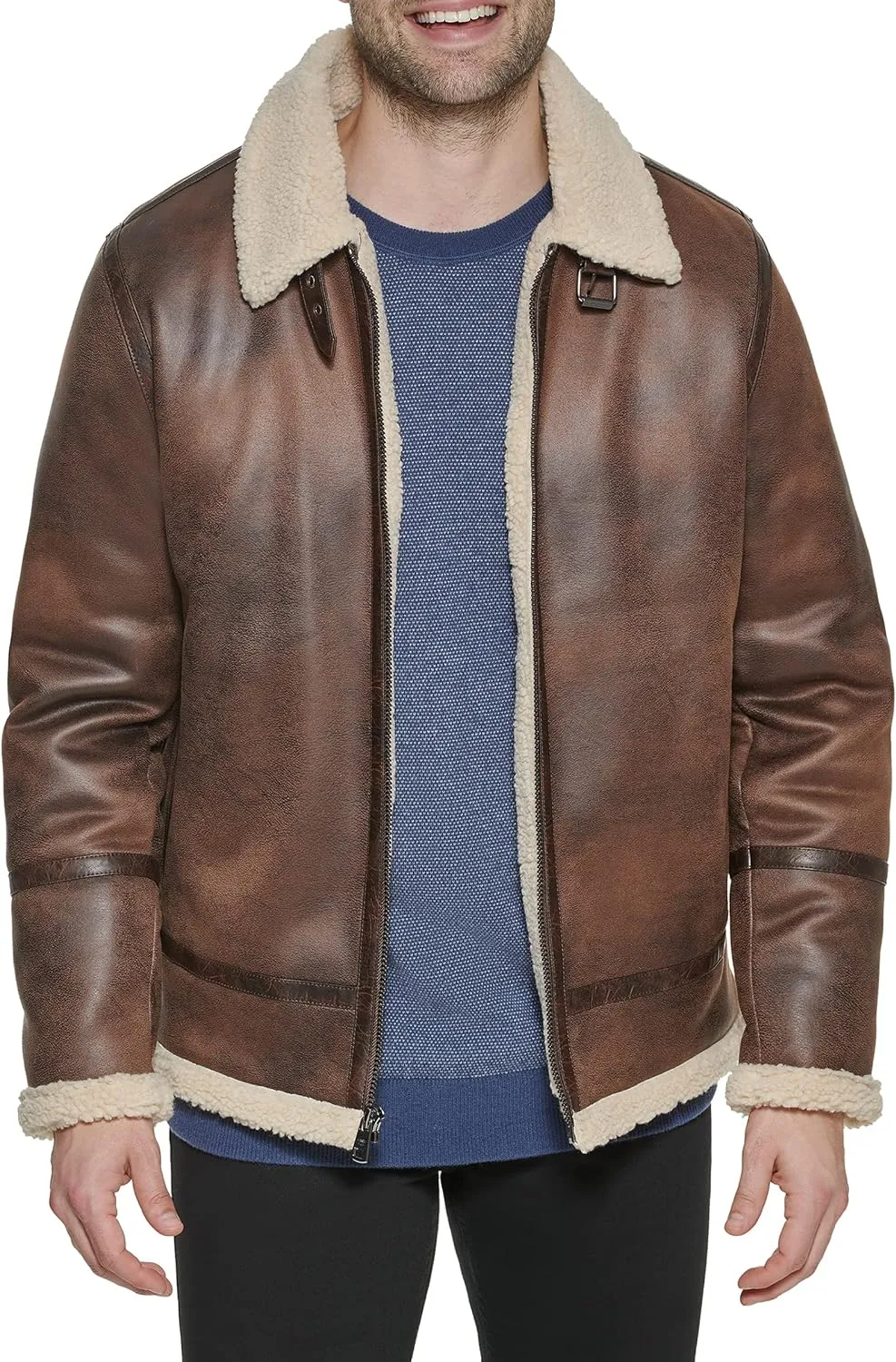 Real Leather Men-Bomber Jacket with Faux Shearling Lining