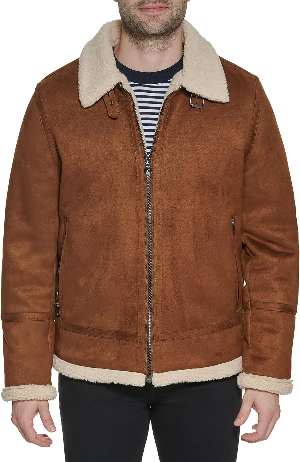 Real Leather Men-Bomber Jacket with Faux Shearling Lining