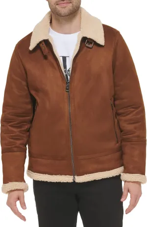 Real Leather Men-Bomber Jacket with Faux Shearling Lining
