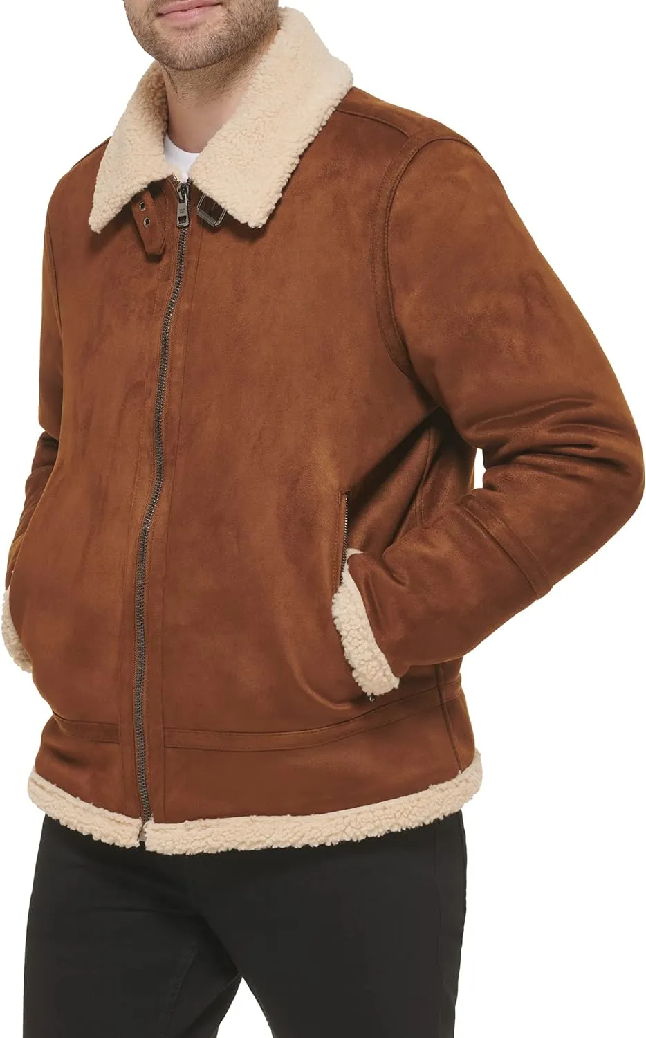 Real Leather Men-Bomber Jacket with Faux Shearling Lining