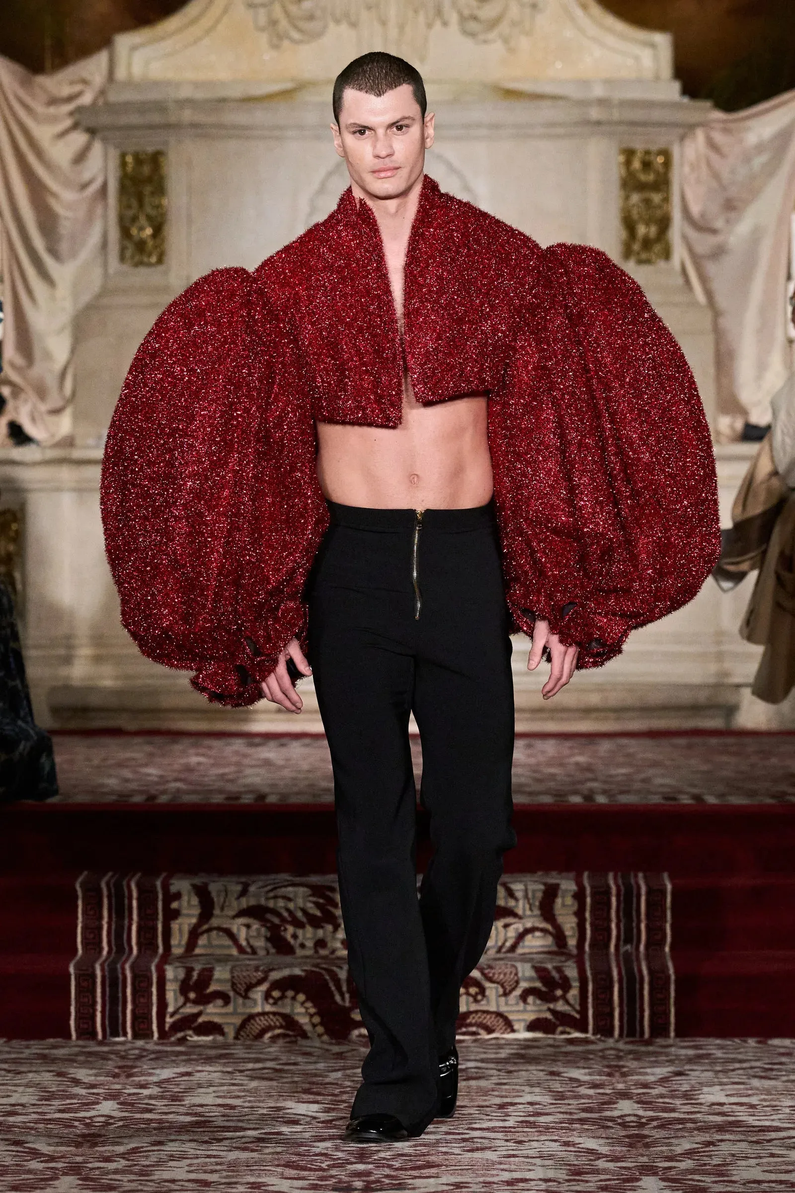 Red Tinsel Bubble Sleeve Jacket