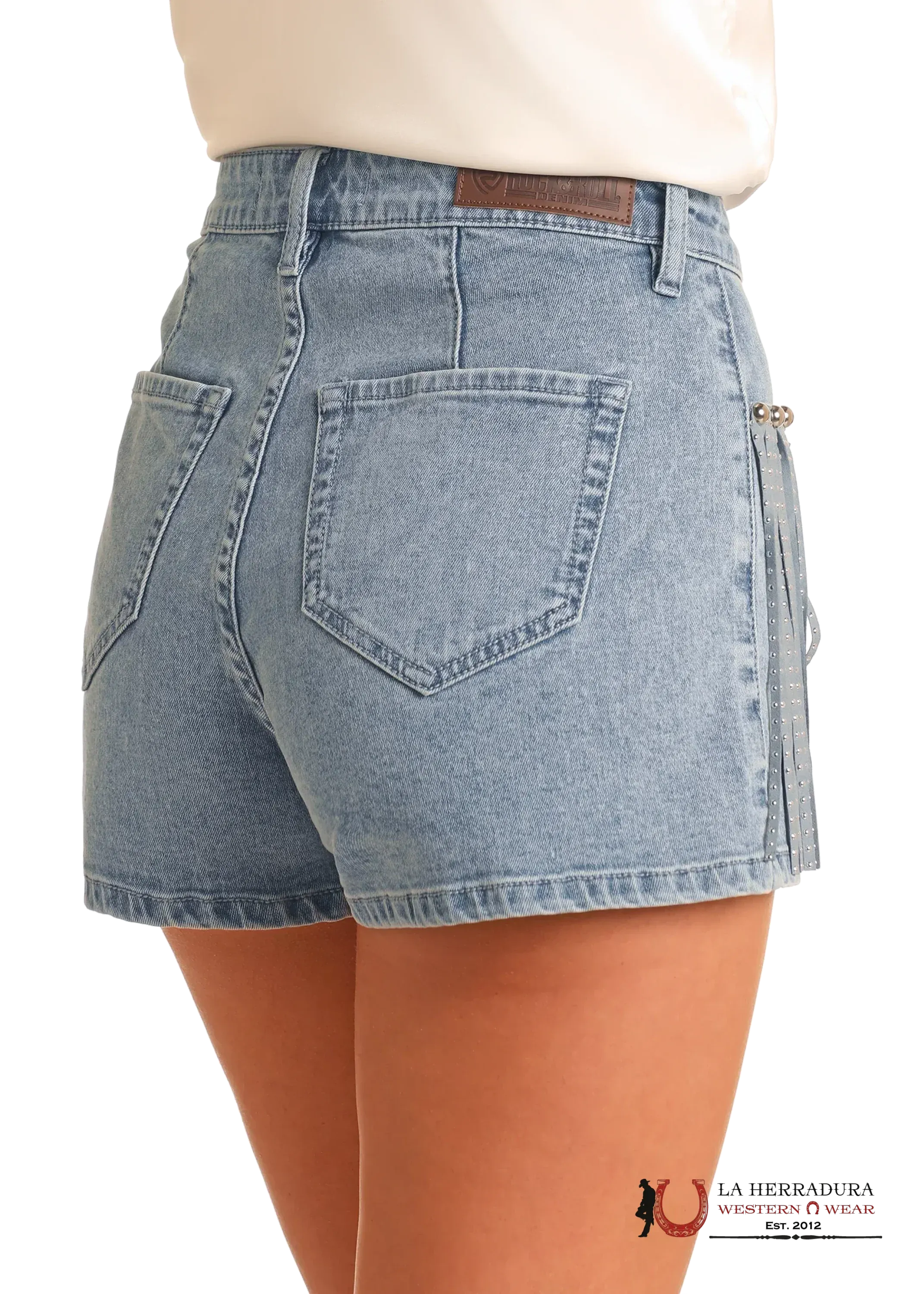 Rock&Roll EXTRA STRETCH STUDDED FRINGE LIGHT WASHED SHORTS - 6093
