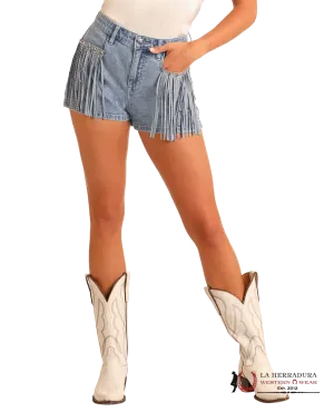Rock&Roll EXTRA STRETCH STUDDED FRINGE LIGHT WASHED SHORTS - 6093