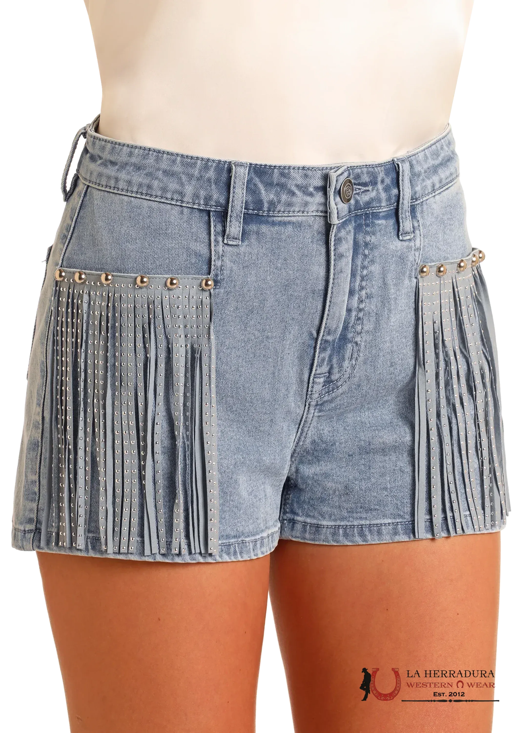 Rock&Roll EXTRA STRETCH STUDDED FRINGE LIGHT WASHED SHORTS - 6093