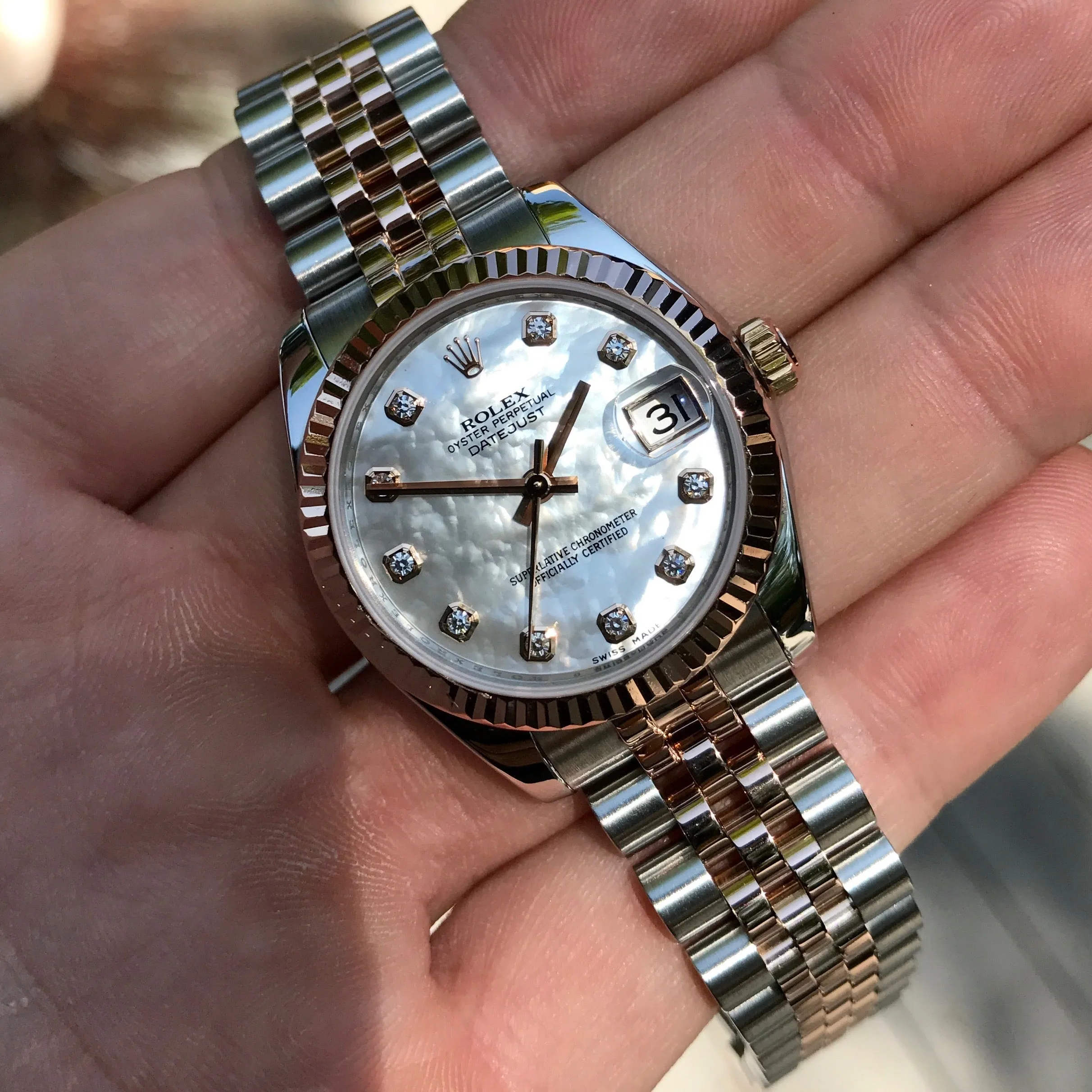 Rolex Datejust 178271 MOP Diamond Dial Midsize Steel Rose Gold Wristwatch Box Papers