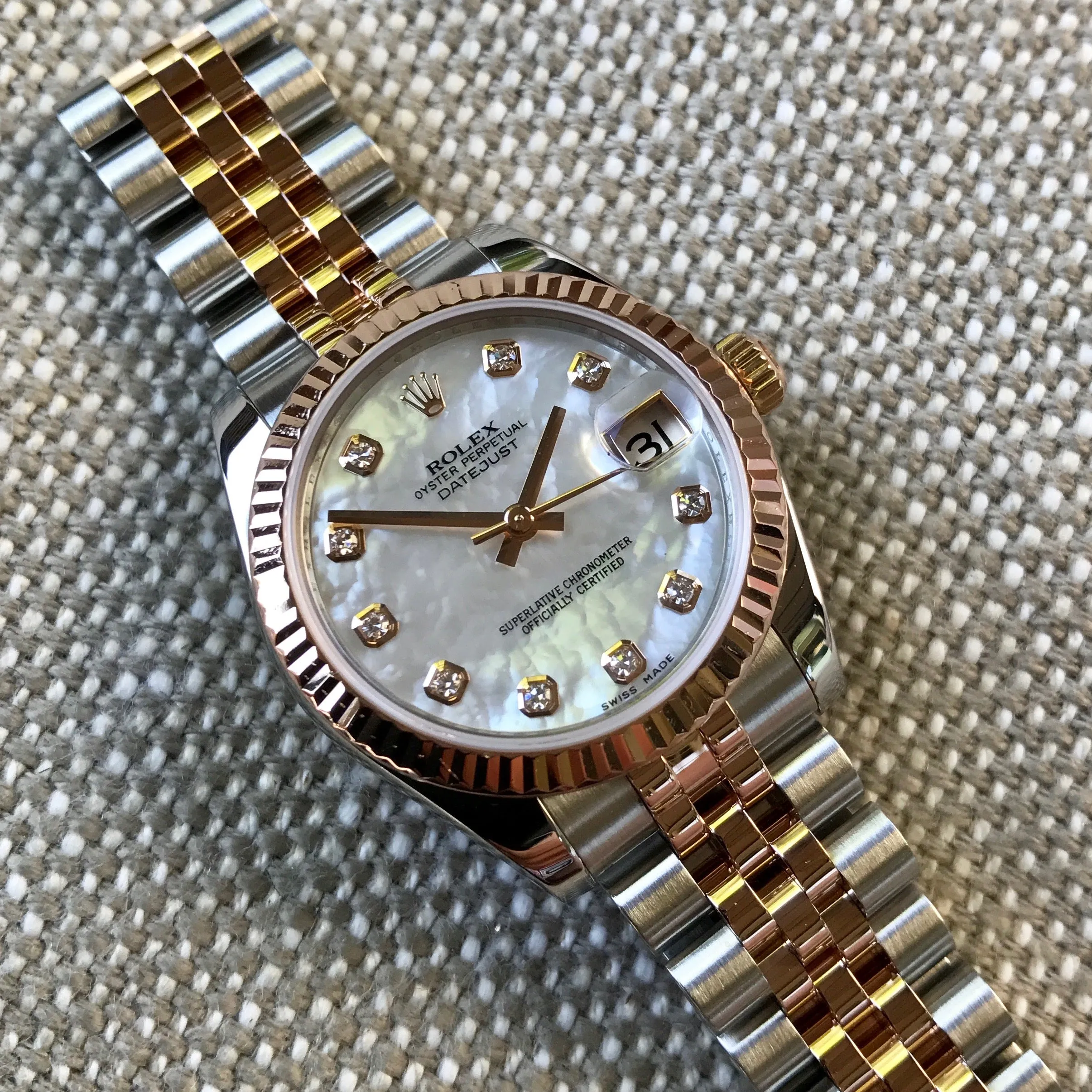 Rolex Datejust 178271 MOP Diamond Dial Midsize Steel Rose Gold Wristwatch Box Papers