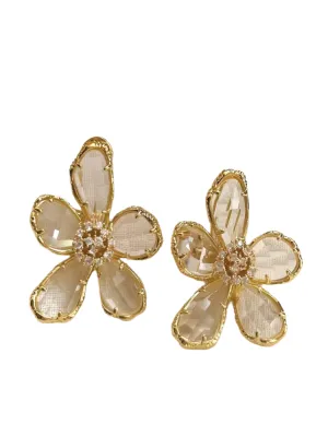 ROMANCE  FLOWER DANGLE DROP EARRINGS - GOLD CRYSTAL