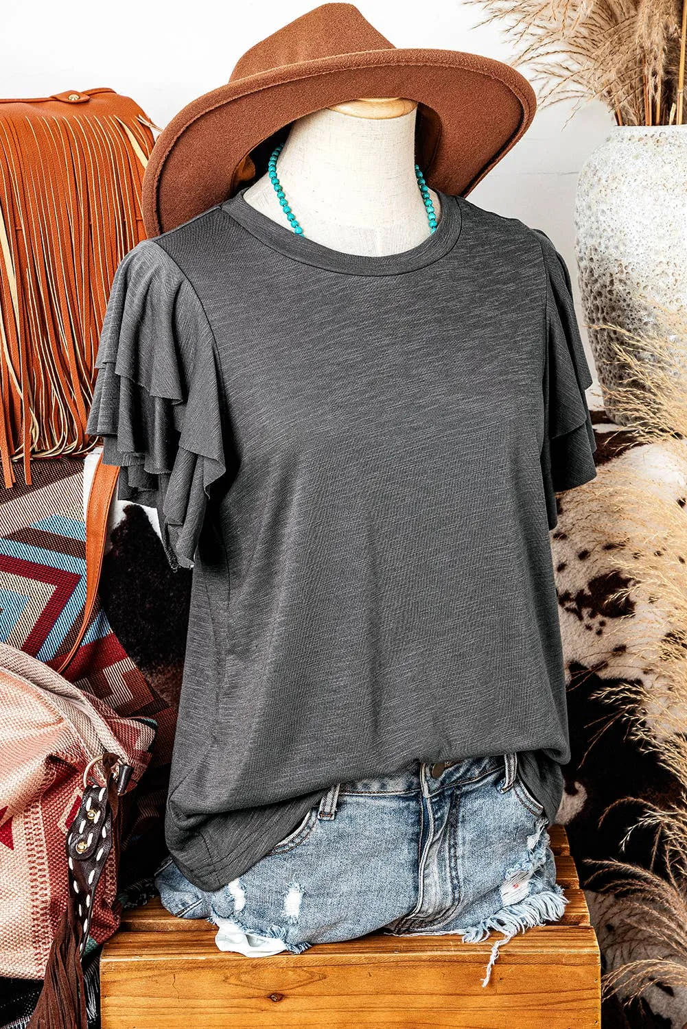 Ruffle Short Sleeve Round Neck Top