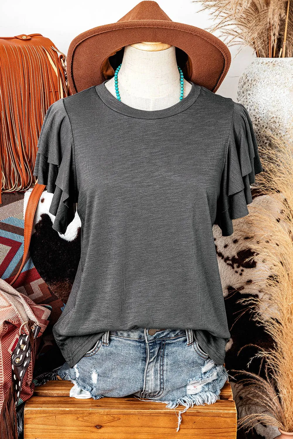 Ruffle Short Sleeve Round Neck Top