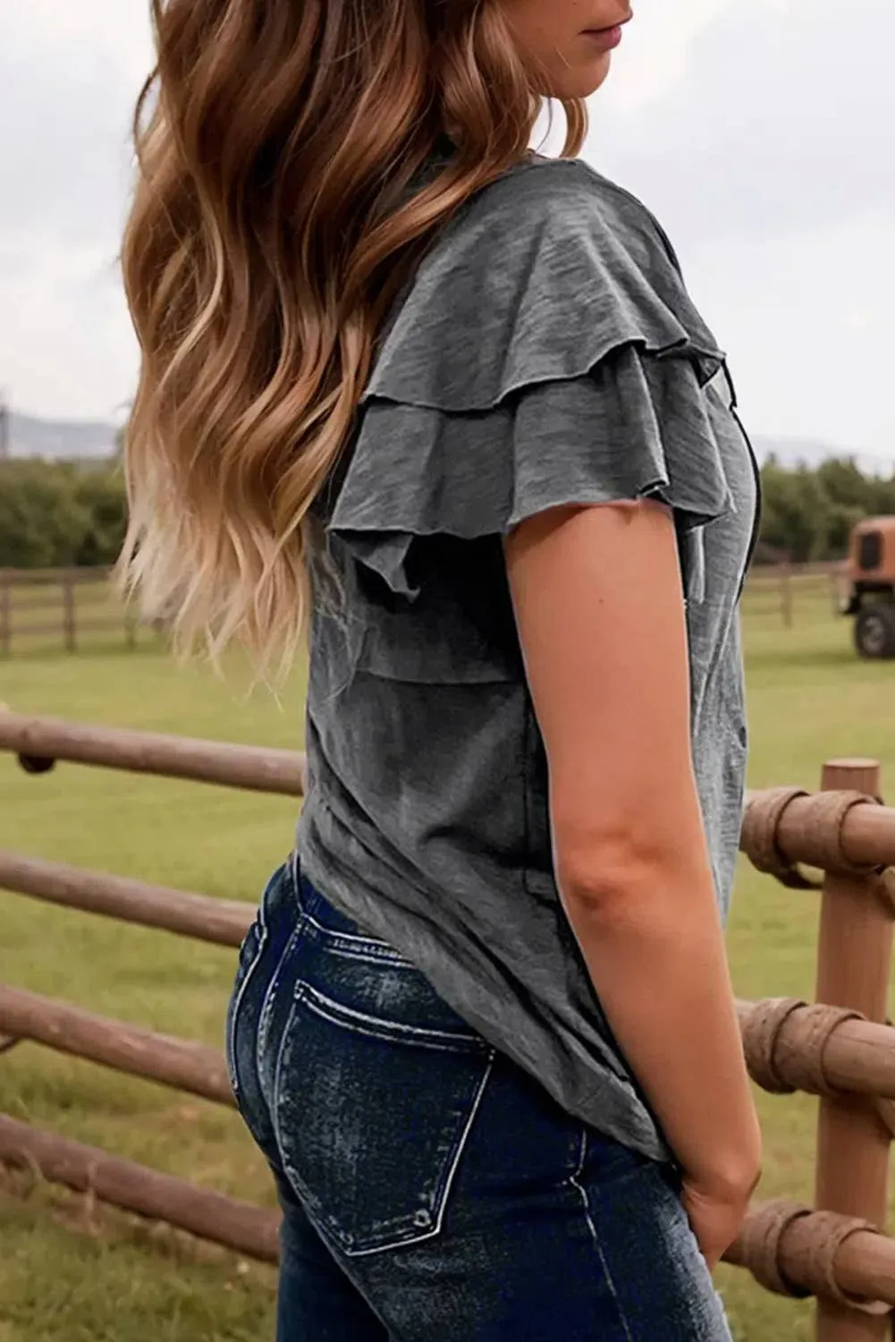 Ruffle Short Sleeve Round Neck Top