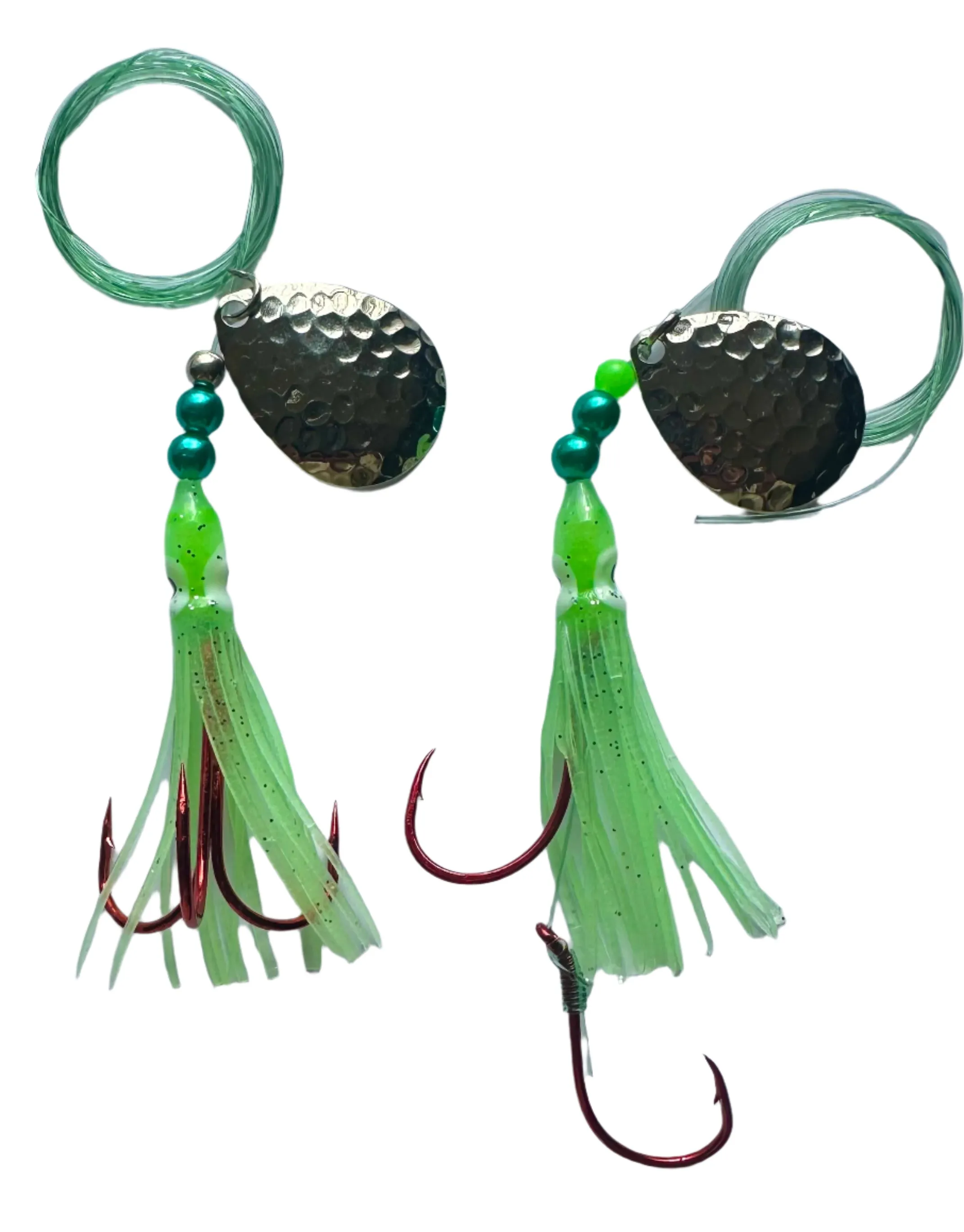 Salmon Tackle- Kokopros® Twin Pack Light Green Octopus Squid Skirts #8 Salmon Hoochie's Tied with a 2/0 Red Treble and a 4/0 Sharp Red Octopus Snell Rig,