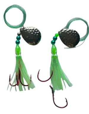 Salmon Tackle- Kokopros® Twin Pack Light Green Octopus Squid Skirts #8 Salmon Hoochie's Tied with a 2/0 Red Treble and a 4/0 Sharp Red Octopus Snell Rig,
