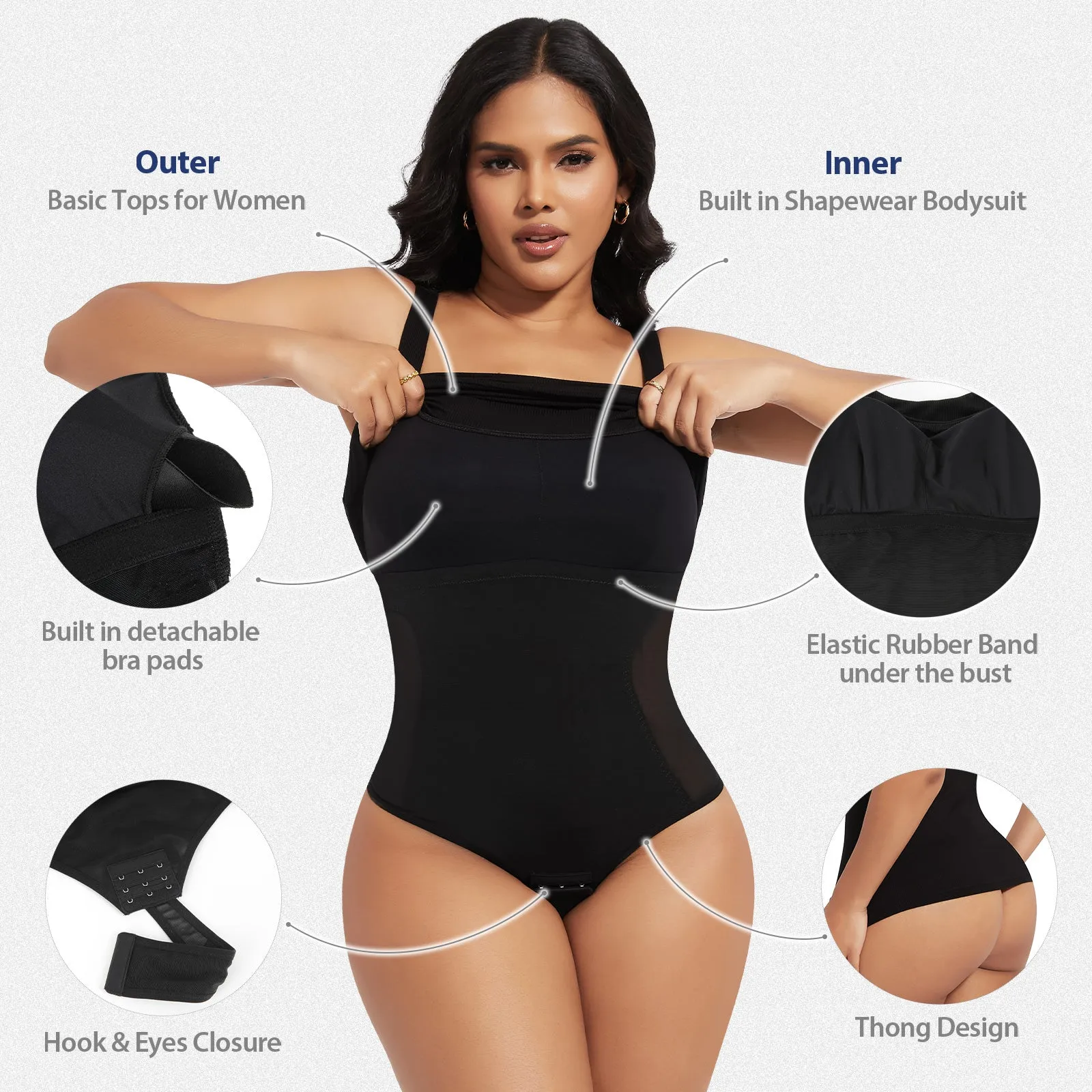 Shaperin Built-In Shapewear Bodysuit 3-In-1 Square Neck Top