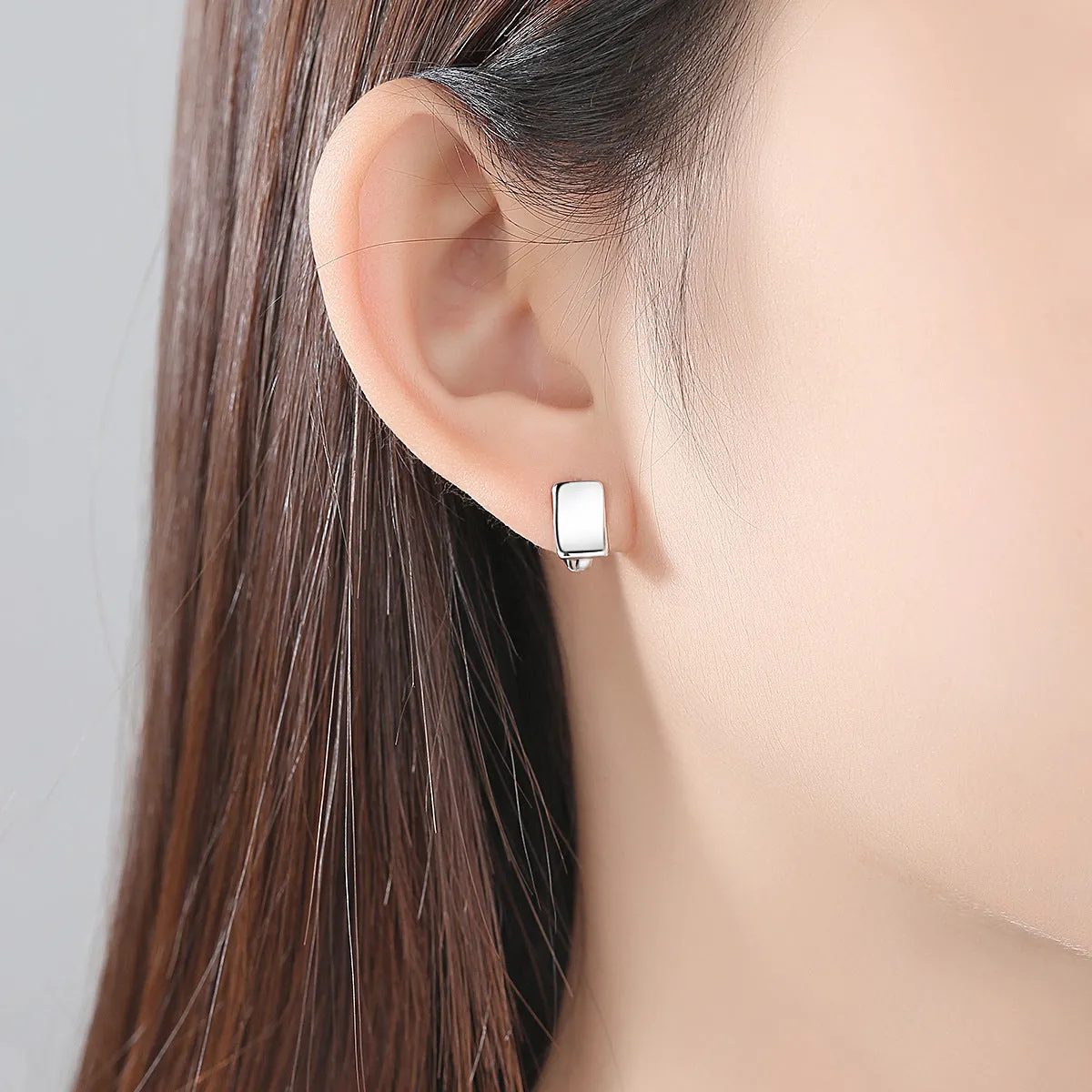 Silver-Plated Curved Rectangle Face Huggie Earrings