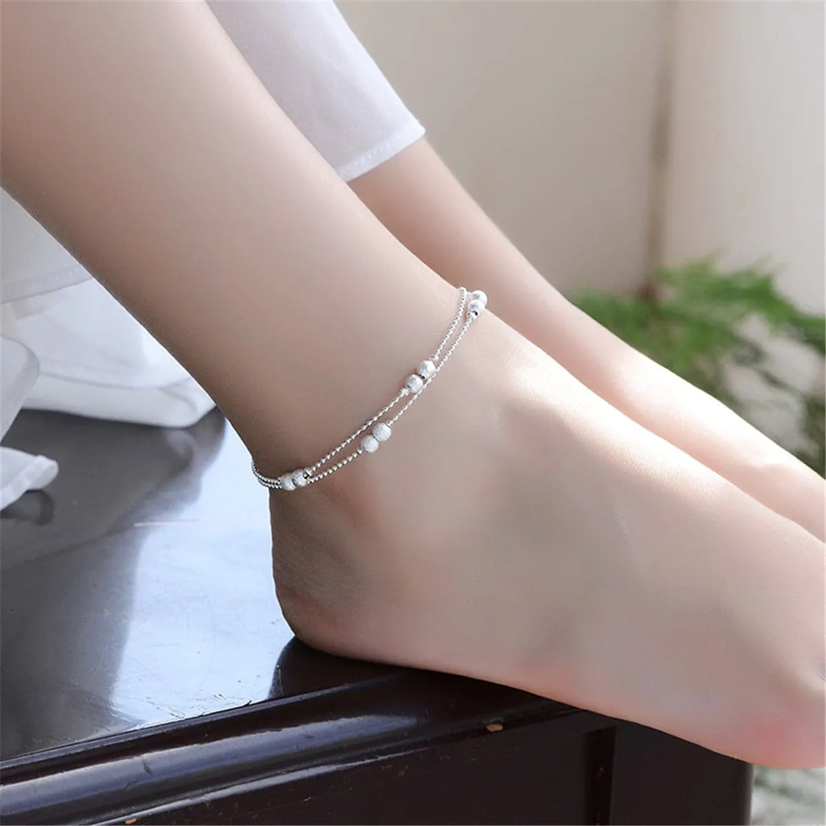 Silver-Plated Frosted Bead Double-Strand Anklet