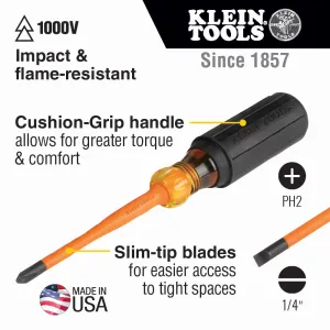 Slim-Tip Insulated Screwdriver, 1/4-Inch Cabinet, 4-Inch Round Shank